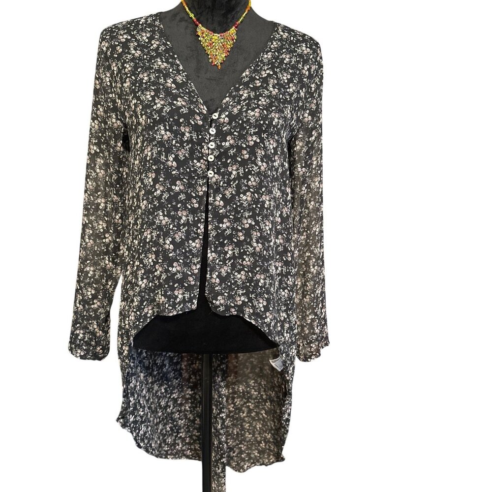 Pull & Bear Womens Floral Button-Front High-Low Sheer Blouse Size S Black Multic